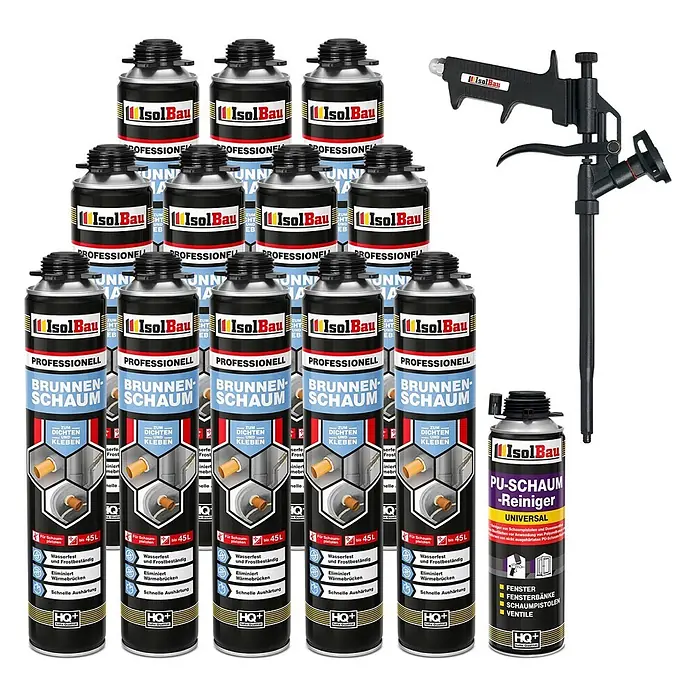 IsolBau Brunnenschaum 12 x Brunnenschaum 750 ml, 1 x Pistolenreiniger 500 ml, Schaumpistole - 750 ml - Fünfzehn IsolBau Bauschaumdosen (schwarz/blau), eine schwarze Schaumpistole und eine Reinigerdose.