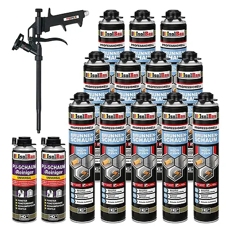IsolBau  Brunnenschaum 12 x Brunnenschaum 750 ml, 2 x Pistolenreiniger 500 ml, Schaumpistole