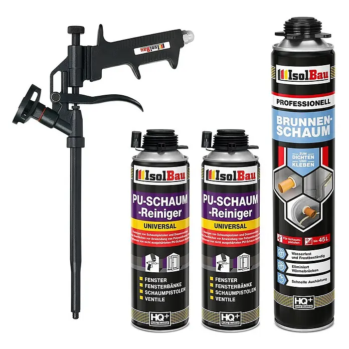 IsolBau Brunnenschaum 1 x Brunnenschaum 750 ml, 2 x Pistolenreiniger 500 ml, Schaumpistole - 750 ml - Schwarze Schaumpistole mit zwei Dosen PU-Schaum-Reiniger und einer Dose Brunnenschaum.