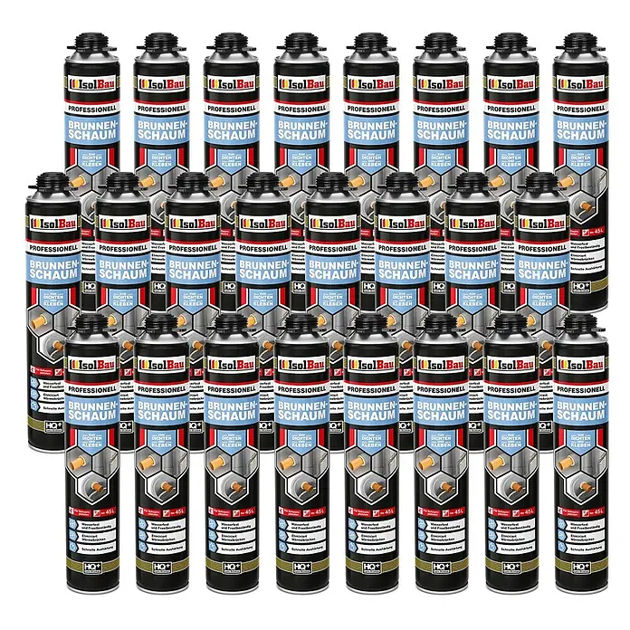 IsolBau Brunnenschaum 24 x Brunnenschaum 1K - 750 ml - Mehrere schwarze und silberne IsolBau Brunnenschaum-Dosen, ein professioneller Bauschaum zum Dichten und Kleben.