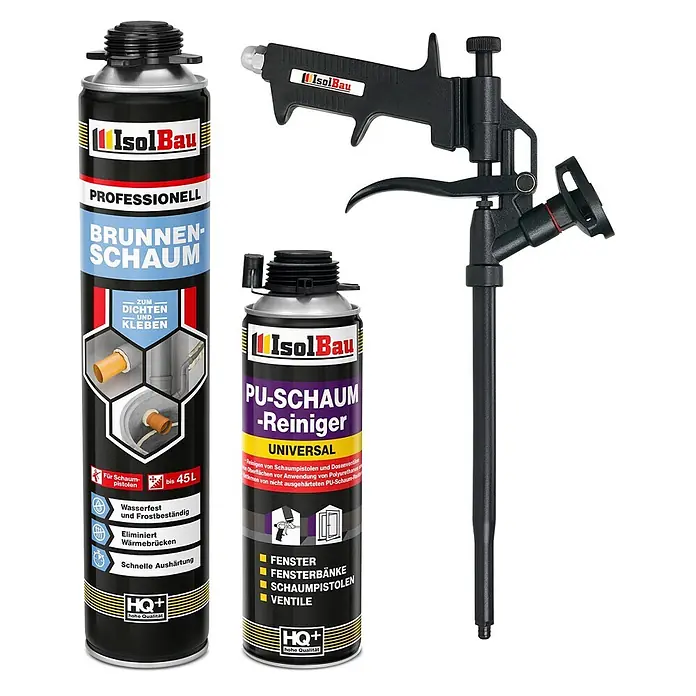 IsolBau Brunnenschaum 1 x Brunnenschaum 750 ml, 1 x Pistolenreiniger 500 ml, Schaumpistole - 750 ml - IsolBau Brunnen-Schaum, PU-Schaum-Reiniger Dosen und eine schwarze Schaumpistole.
