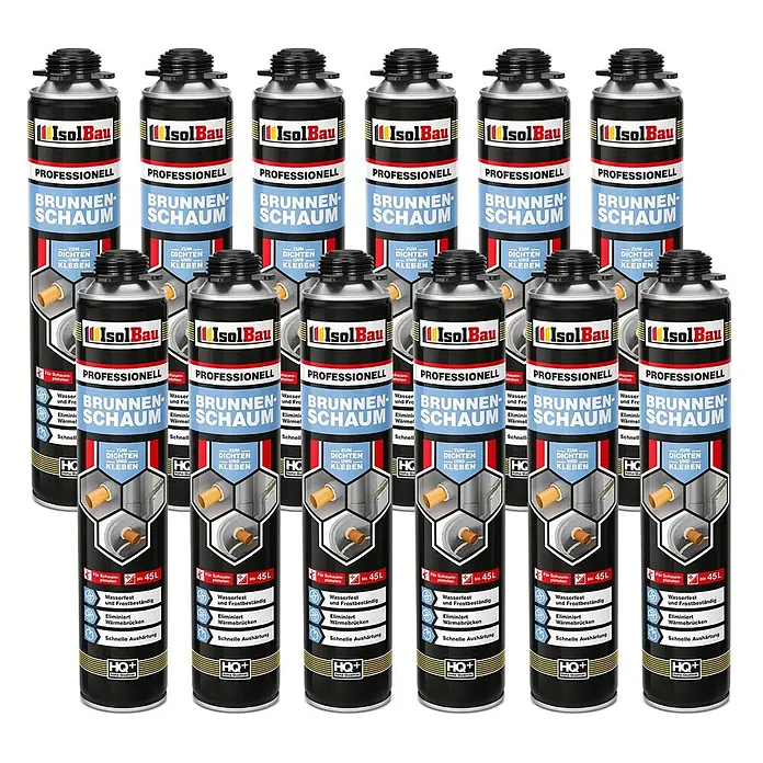 IsolBau Brunnenschaum 12 x Brunnenschaum 1K - 750 ml - Zwölf schwarze IsolBau Profi-Dichtschaum-Dosen mit blau-weißen Etiketten.