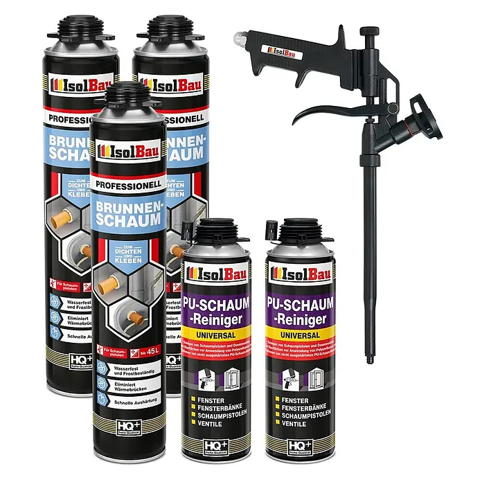 IsolBau Brunnenschaum 3 x Brunnenschaum 750 ml, 2 x Pistolenreiniger 500 ml, Schaumpistole - 750 ml - Ein Set aus schwarzen und roten IsolBau PU-Schaumdosen, PU-Schaumreinigern und einer schwarzen Schaumpistole.