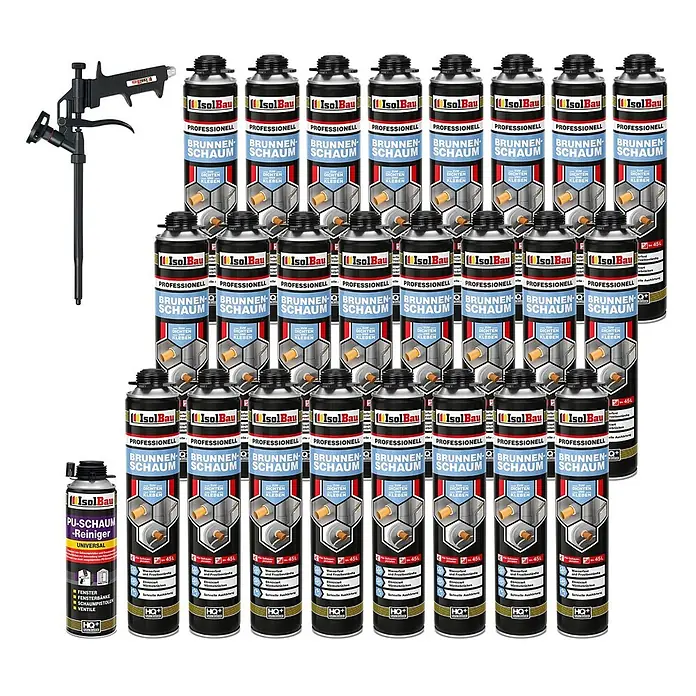 IsolBau Brunnenschaum 24 x Brunnenschaum 750 ml, 1 x Pistolenreiniger 500 ml, Schaumpistole - 750 ml - Großes Set Polyurethanschaum-Dosen mit schwarzer Pistole und Reinigerspray.