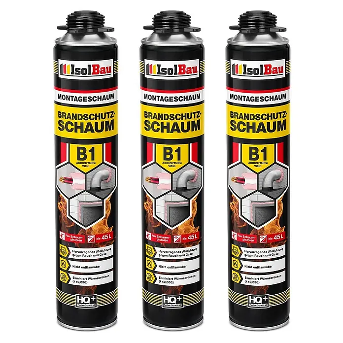 IsolBau Brandschutzschaum Brandschutzschaum B1 - 3 x 750 ml - 750 ml - Drei schwarz-gelbe IsolBau B1 Brandschutz-Montageschaumdosen zum Abdichten gegen Rauch, Gas und Wärmebrücken.