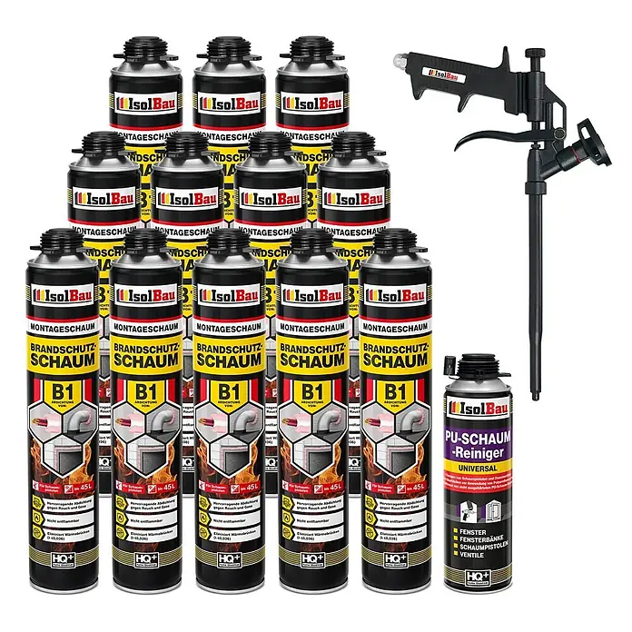 IsolBau Brandschutzschaum Brandschutzschaum B1 - 12 x 750 ml, PU-Reiniger 500 ml, Schaumpistole - 750 ml - IsolBau B1 Brandschutzschaumdosen in Schwarz-Gelb mit Schaumpistole und Reiniger.
