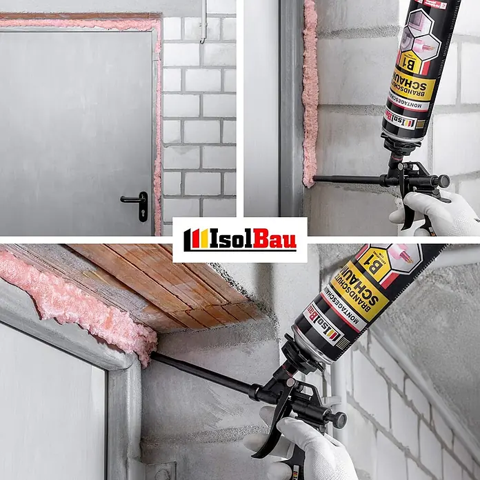 IsolBau Brandschutzschaum Brandschutzschaum B1 - 12 x 750 ml - 750 ml - Rosafarbener B1 Brandschutzschaum wird mit einer Spritzpistole zur Abdichtung von Türrahmen im Bau verwendet.