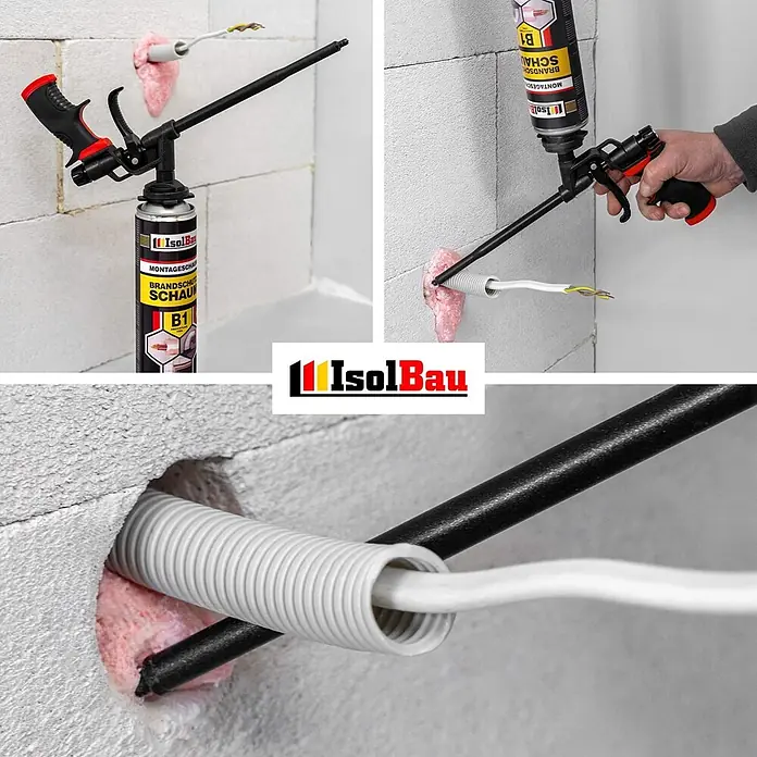 IsolBau Brandschutzschaum Brandschutzschaum B1 - 12 x 750 ml - 750 ml - IsolBau Montageschaum mit Pistole zum Abdichten von Elektrokabeln/Leitungen.