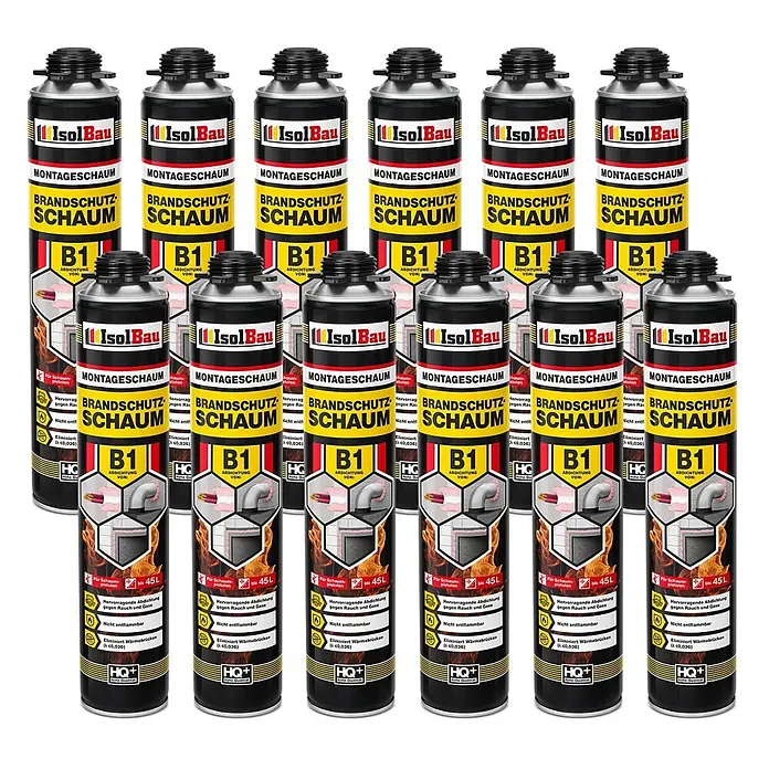 IsolBau Brandschutzschaum Brandschutzschaum B1 - 12 x 750 ml - 750 ml - Mehrere schwarze und gelbe IsolBau B1 Brandschutz-Montageschaum-Sprühdosen.