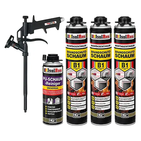 IsolBau  Brandschutzschaum Brandschutzschaum B1 - 3 x 750 ml, PU-Reiniger 500 ml, Schaumpistole