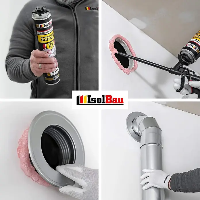 IsolBau Brandschutzschaum Brandschutzschaum B1 - 12 x 750 ml - 750 ml - IsolBau Brandschutz-Montageschaum B1 dichtet eine Wanddurchführung für die Lüftungsrohrmontage ab.