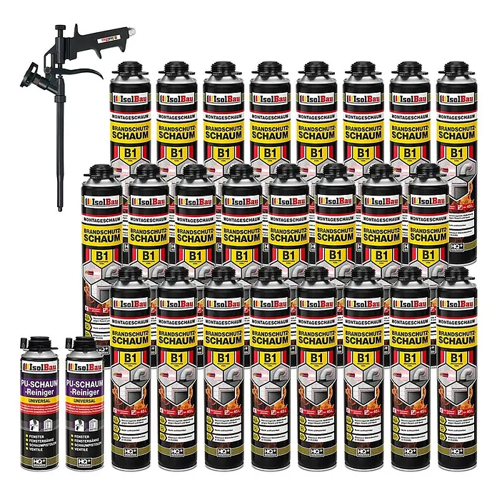 IsolBau Brandschutzschaum Brandschutzschaum - 24 x 750 ml, 2 x PU-Reiniger 500 ml, Schaumpistole - 750 ml - Set aus Brandschutz-Montageschaumdosen, zwei PU-Schaumreinigern und einer Schaumpistole.