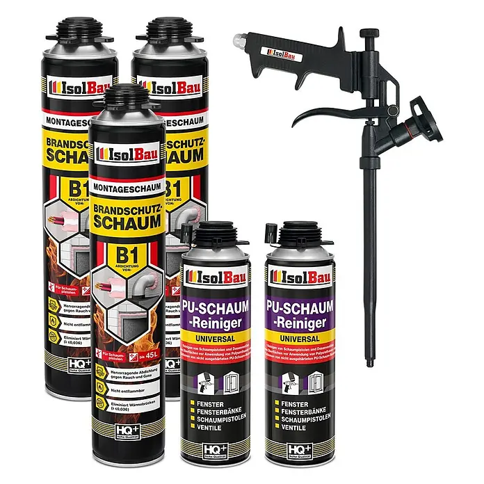 IsolBau Brandschutzschaum Brandschutzschaum - 3 x 750 ml, 2 x PU-Reiniger 500 ml, Schaumpistole - 750 ml - Dosen IsolBau B1 Brandschutzschaum und PU-Schaum-Reiniger mit schwarzer Schaumpistole.