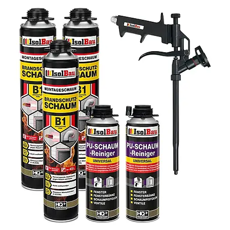IsolBau  Brandschutzschaum Brandschutzschaum - 3 x 750 ml, 2 x PU-Reiniger 500 ml, Schaumpistole