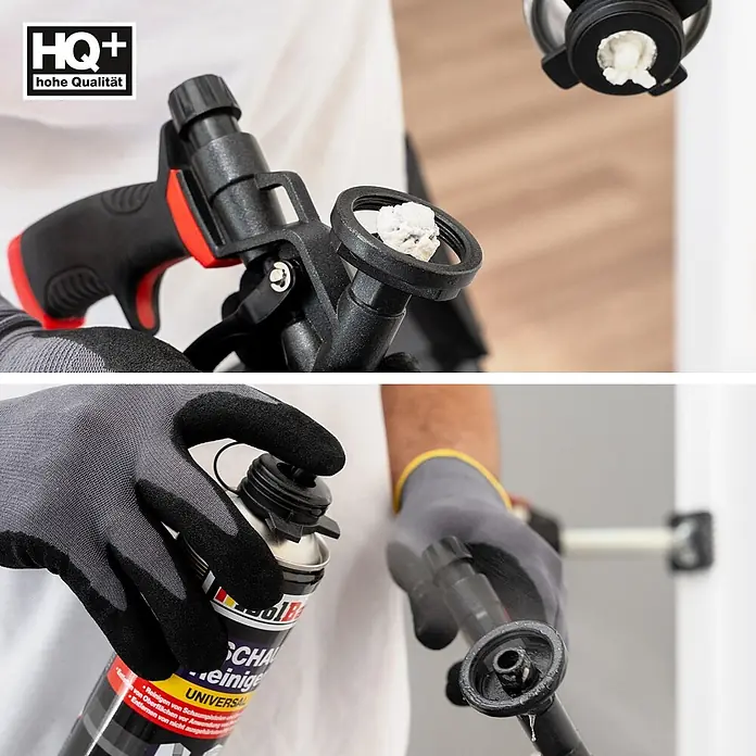 IsolBau Bauschaum PU-Schaum-Reiniger 1 x 500 ml - 500 ml - Eine Person reinigt eine schwarz-rote Schaumpistole mit einer Universal-Schaumreinigungsdose, um ausgehärteten Schaum zu entfernen.