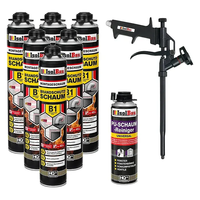 IsolBau Brandschutzschaum Brandschutzschaum B1 - 6 x 750 ml, PU-Reiniger 500 ml, Schaumpistole - 750 ml - Sechs schwarze und gelbe Dosen IsolBau Brandschutzschaum, eine schwarze Schaumpistole und eine schwarz-lila Schaumreinigerdose.