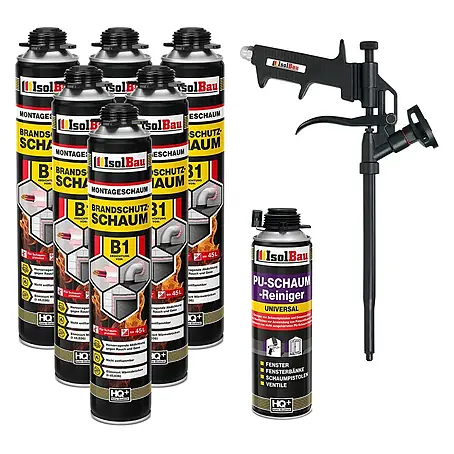 IsolBau  Brandschutzschaum Brandschutzschaum B1 - 6 x 750 ml, PU-Reiniger 500 ml, Schaumpistole