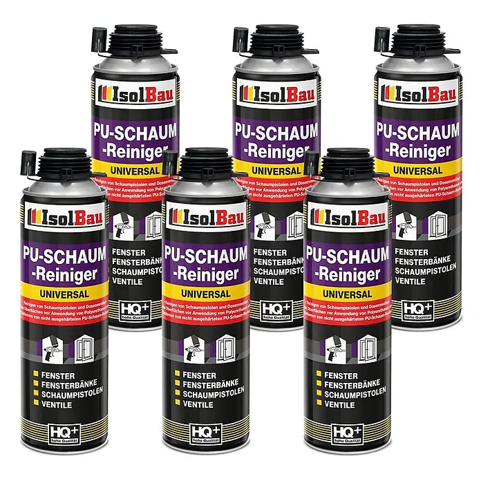 IsolBau Bauschaum PU-Schaum-Reiniger 6 x 500 ml - 500 ml - Sechs graue und violette IsolBau PU-Schaumreiniger-Dosen mit gelben Etiketten, zum Reinigen von Schaumpistolen, Fenstern und Fensterbänken.