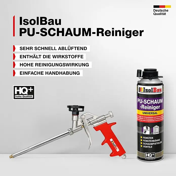 IsolBau Bauschaum PU-Schaum-Reiniger 6 x 500 ml - 500 ml - Eine Dose IsolBau PU-Schaum-Reiniger neben einer silber-roten PU-Schaumpistole. Zur Reinigung von Schaumpistolen und Oberflächen.