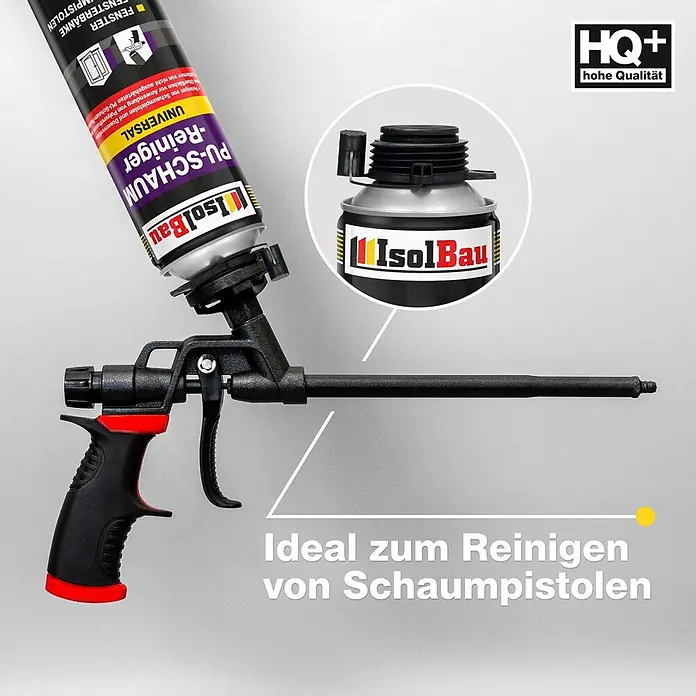 IsolBau Bauschaum PU-Schaum-Reiniger 1 x 500 ml - 500 ml - IsolBau PU-Schaumreiniger-Dose auf schwarzer und roter Schaumpistole, ideal zur Reinigung von Schaumapplikatoren.
