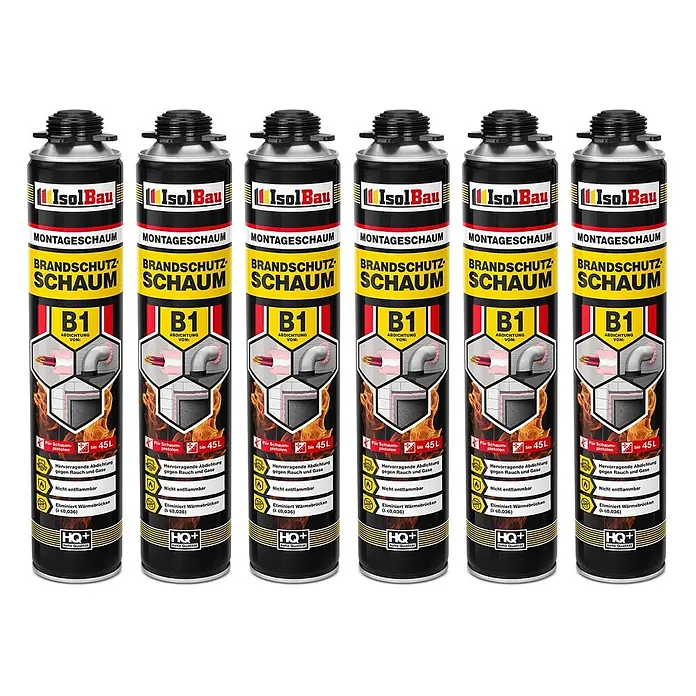 IsolBau Brandschutzschaum Brandschutzschaum B1 - 6 x 750 ml - 750 ml - Sechs schwarze und gelbe Dosen IsolBau B1 Brandschutz Montageschaum, bis zu 45L Ergiebigkeit und exzellente Abdichtung gegen Rauch und Gase.