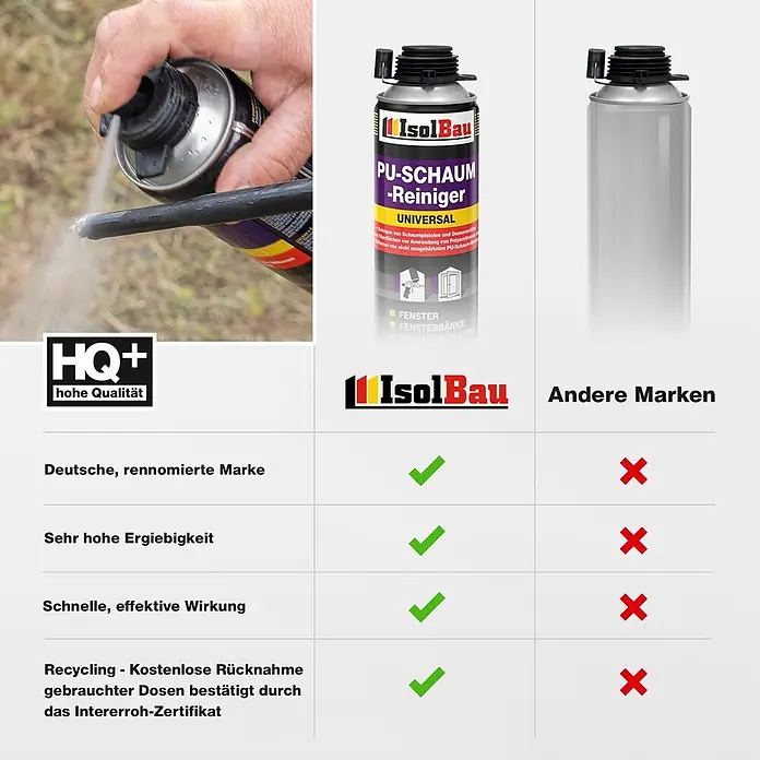 IsolBau Bauschaum PU-Schaum-Reiniger 1 x 500 ml - 500 ml - Eine Hand sprüht IsolBau PU-Schaumreiniger aus der Dose auf ein Werkzeug, um seine wirksame Reinigung und hohe Qualität zu zeigen.