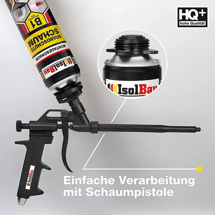 IsolBau Brandschutzschaum Brandschutzschaum B1 - 1 x 750 ml - 750 ml - Schwarze Schaumpistole mit gelb-schwarzer Montageschaumdose, einsatzbereit.