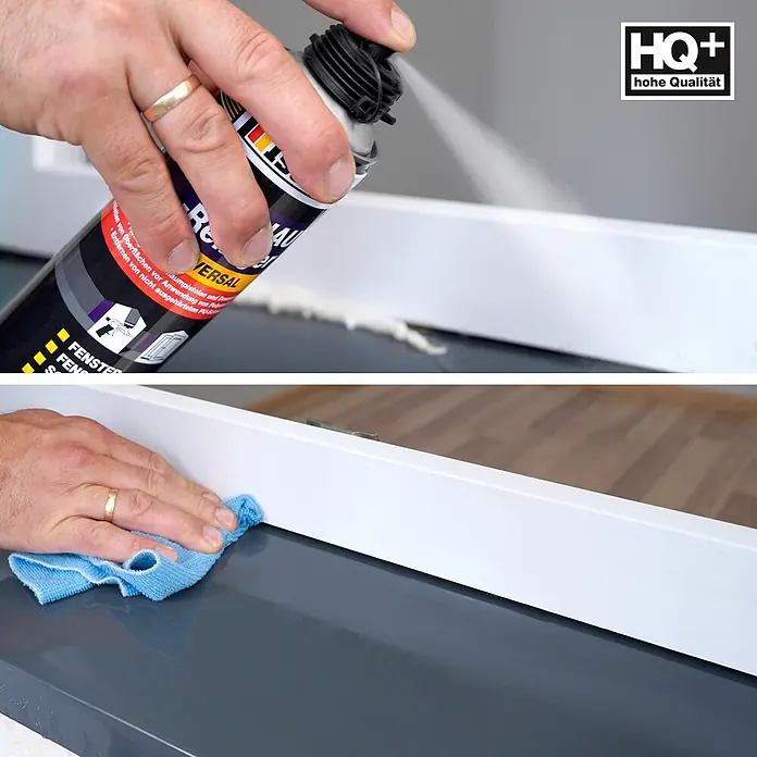 IsolBau Bauschaum PU-Schaum-Reiniger 1 x 500 ml - 500 ml - Schaumentferner auf einen weißen Fensterrahmen sprühen und mit einem Tuch abwischen.