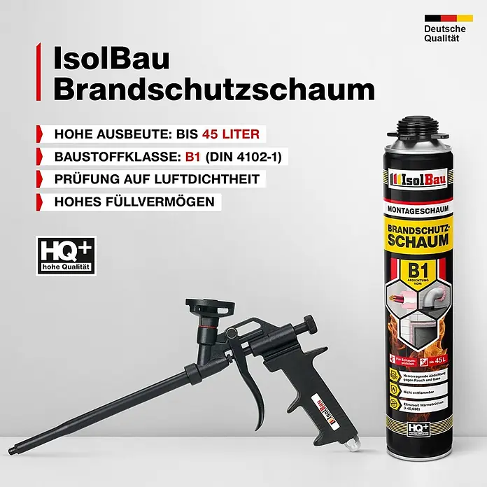 IsolBau Brandschutzschaum Brandschutzschaum B1 - 1 x 750 ml - 750 ml - IsolBau Brandschutzschaum in einer schwarz-gelben Dose mit schwarzer Schaumpistole, hebt B1 Brandschutzklasse und hohe Ausbeute hervor.