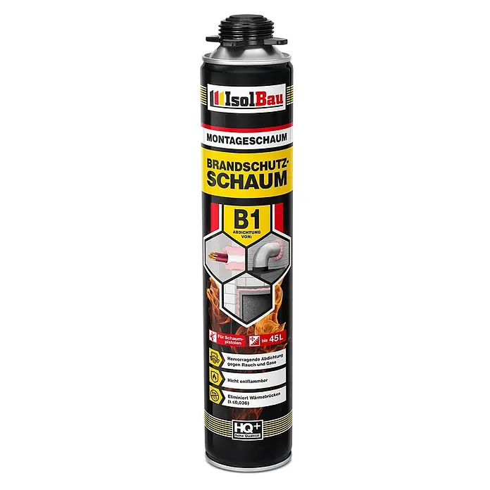 IsolBau Brandschutzschaum Brandschutzschaum B1 - 1 x 750 ml - 750 ml - Schwarze-gelbe IsolBau Brandschutz-Montageschaum-Sprühdose, B1, dichtet Rauch/Gas ab, eliminiert Wärmebrücken. Nicht entflammbar, bis zu 45L Ergiebigkeit.