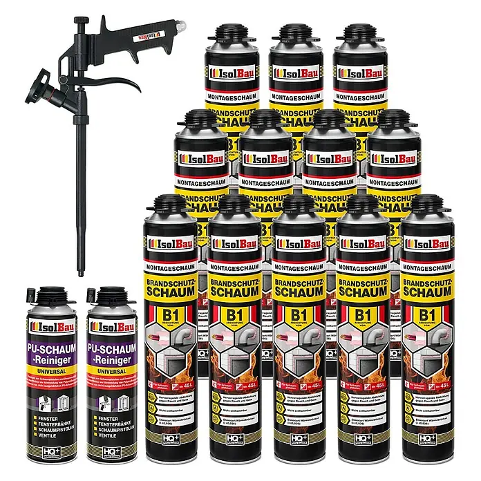 IsolBau Brandschutzschaum Brandschutzschaum - 12 x 750 ml, 2 x PU-Reiniger 500 ml, Schaumpistole - 750 ml - IsolBau Bausatz: schwarze Schaumpistole, 12 Dosen Montage- & Brandschutzschaum und 2 Dosen PU-Schaumreiniger.