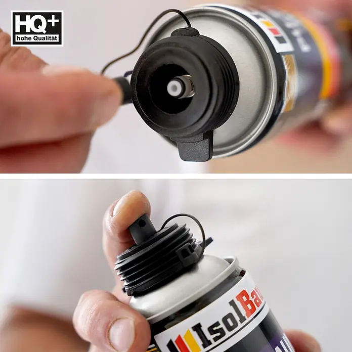 IsolBau Bauschaum PU-Schaum-Reiniger 1 x 500 ml - 500 ml - Hand befestigt schwarze Düse an silberner Sprühschaumdose und drückt diese.