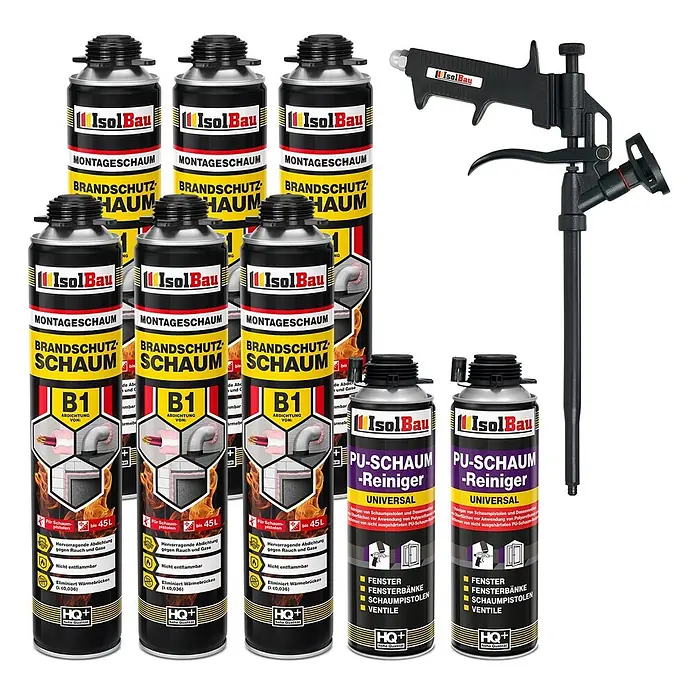 IsolBau Brandschutzschaum Brandschutzschaum - 6 x 750 ml, 2 x PU-Reiniger 500 ml, Schaumpistole - 750 ml - Acht IsolBau Dosen (6 Brandschutzschaum, 2 PU-Schaumreiniger) und eine schwarze Schaumpistole für Bauarbeiten.
