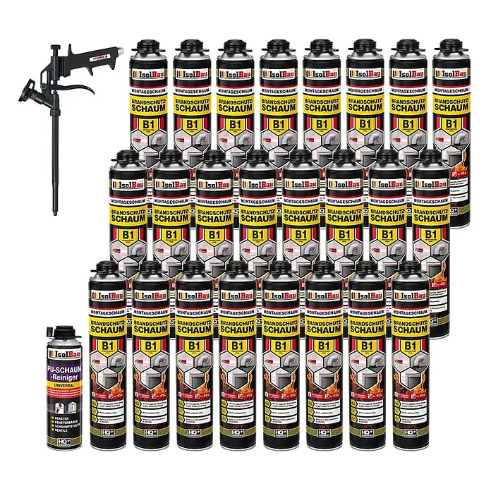 IsolBau Brandschutzschaum Brandschutzschaum B1 - 24 x 750 ml, PU-Reiniger 500 ml, Schaumpistole - 750 ml - Eine schwarze Schaumpistole, 24 Dosen IsolBau B1 Brandschutz Montageschaum und eine Dose IsolBau PU-Schaumreiniger.