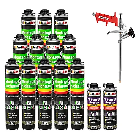 IsolBau  Bauschaum 12 x Montageschaum 750 ml, 2 x PU-Reiniger 500 ml, Schaumpistole