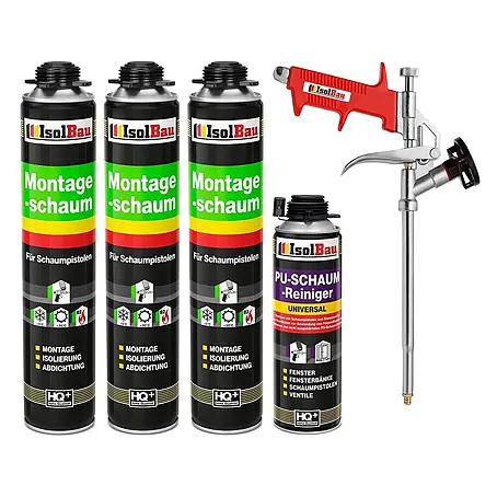 IsolBau  Bauschaum 3 x Montageschaum 750 ml, PU-Reiniger 500 ml, Schaumpistole