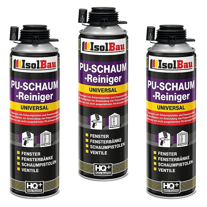 IsolBau Bauschaum PU-Schaum-Reiniger 3 x 500 ml - 500 ml - Drei schwarz-lila Sprühdosen PU-Schaum-Reiniger mit gelben Akzenten, mit Text und Symbolen für Fenster und Schaumpistolen.