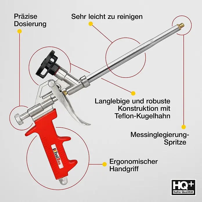 IsolBau Bauschaum 1 x Montageschaum 750 ml, PU-Reiniger 500 ml, Schaumpistole - 750 ml - Rot-silberne Bauschaumpistole mit ergonomischem Griff, Messingdüse und Teflon-Kugelhahn für präzise Dosierung und einfache Reinigung.