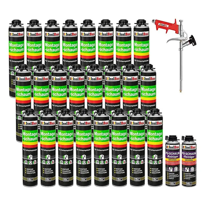 IsolBau Bauschaum 24 x Montageschaum 750 ml, 2 x PU-Reiniger 500 ml, Schaumpistole - 750 ml - Großpackung IsolBau Montageschaumdosen, zwei Schaumreinigungsdosen und eine rot-silberne Schaumpistole.