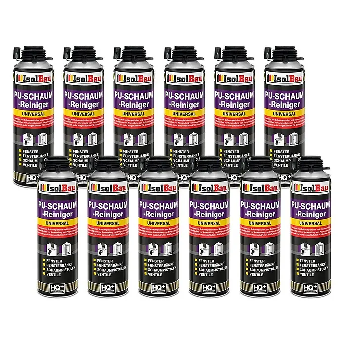 IsolBau Bauschaum PU-Schaum-Reiniger 12 x 500 ml - 500 ml - Zwölf grau-schwarze IsolBau PU-Schaumreiniger-Dosen mit lila-gelben Etiketten, in Reihen angeordnet.