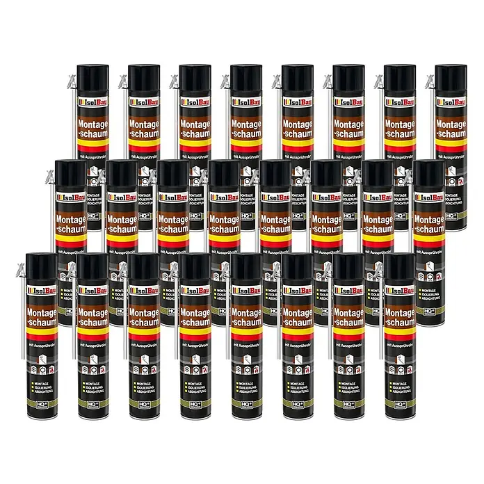 IsolBau Adapterschaum Montageschaum mit Aussprührohr 24 x 750 ml - 750 ml - Mehrere schwarze und gelbe IsolBau Montageschaumdosen mit Sprührohren für Montage, Isolierung und Abdichtung.
