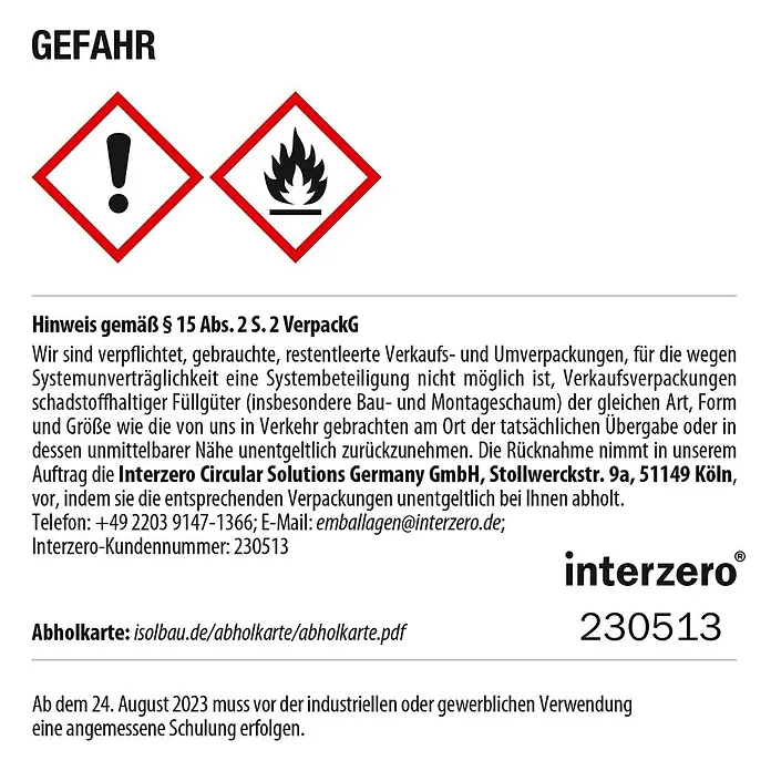 IsolBau Bauschaum PU-Schaum-Reiniger 24 x 500 ml - 500 ml - Warnhinweisetikett mit Gefahrpiktogrammen (Reizend, Entzündlich) und Anweisungen zur Verpackungsrückgabe und Schulung.