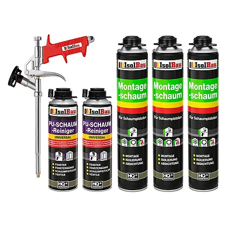 IsolBau  Bauschaum 3 x Montageschaum 750 ml, 2 x PU-Reiniger 500 ml, Schaumpistole