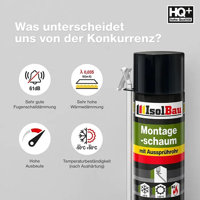 IsolBau Adapterschaum Montageschaum mit Aussprührohr 12 x 500 ml - 750 ml - IsolBau Montageschaumdose mit Sprührohr, mit 61dB Schalldämmung, hoher Wärmedämmung, hoher Ausbeute und Temperaturbeständigkeit.