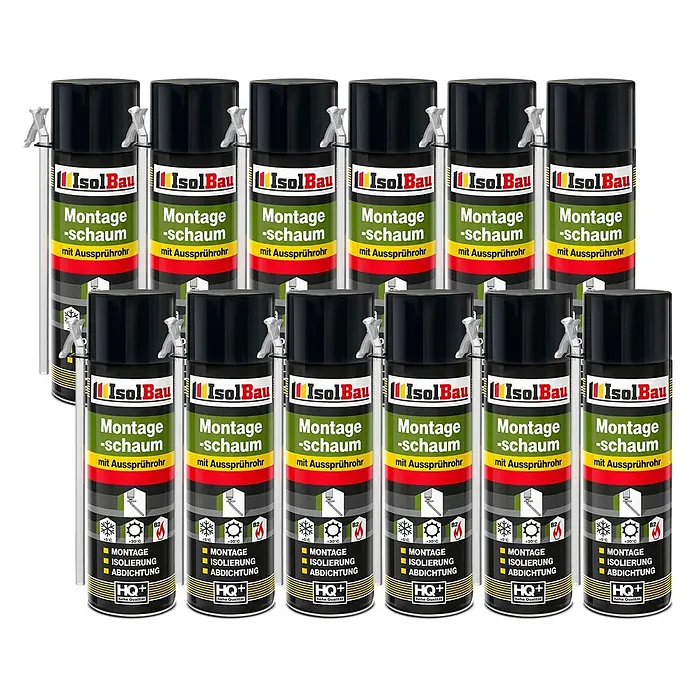 IsolBau Adapterschaum Montageschaum mit Aussprührohr 12 x 500 ml - 750 ml - Zwölf schwarze und grüne IsolBau Montageschaumdosen mit Sprührohr, gestapelt. Zum Montieren, Isolieren und Abdichten.