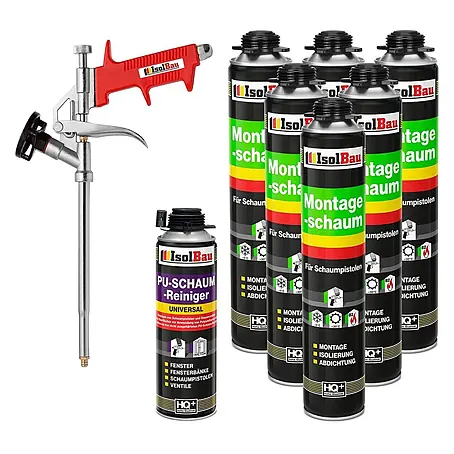 IsolBau  Bauschaum 6 x Montageschaum 750 ml, PU-Reiniger 500 ml, Schaumpistole
