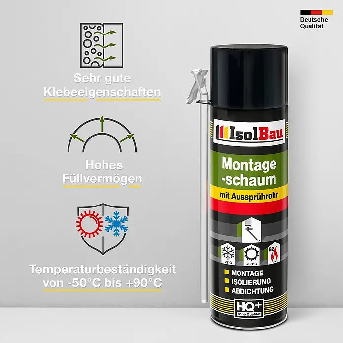 IsolBau Adapterschaum Montageschaum mit Aussprührohr 12 x 500 ml - 750 ml - Eine IsolBau Montageschaumdose mit schwarzer Kappe, grünem Etikett, hervorhebend Klebeeigenschaften, hohes Füllvermögen und Temperaturbeständigkeit.