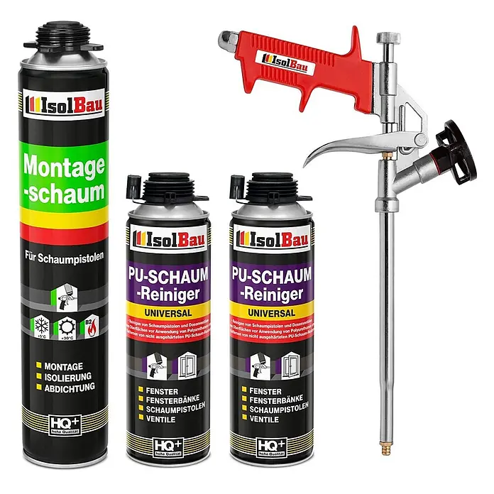 IsolBau Bauschaum 1 x Montageschaum 750 ml, 2 x PU-Reiniger 500 ml, Schaumpistole - 750 ml - Set mit IsolBau Montageschaum, zwei PU-Schaumreinigern und einer rot-silbernen Schaumpistole zum Auftragen und Reinigen.