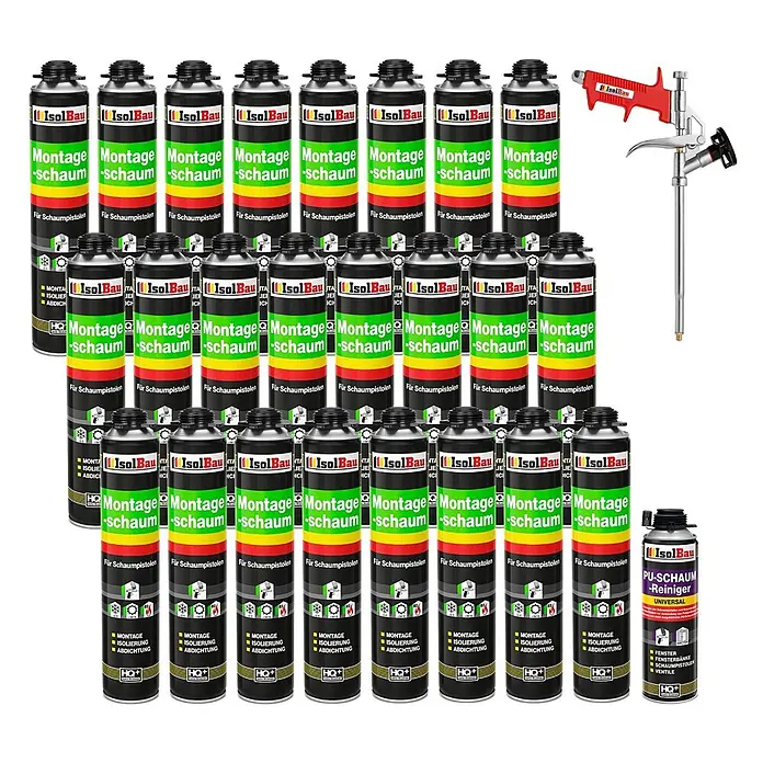 IsolBau Bauschaum 24 x Montageschaum 750 ml, PU-Reiniger 500 ml, Schaumpistole - 750 ml - Viele schwarze, grüne, gelbe, rote IsolBau Montageschaumdosen, eine rote Schaumpistole und eine schwarze Schaumreinigungsdose.