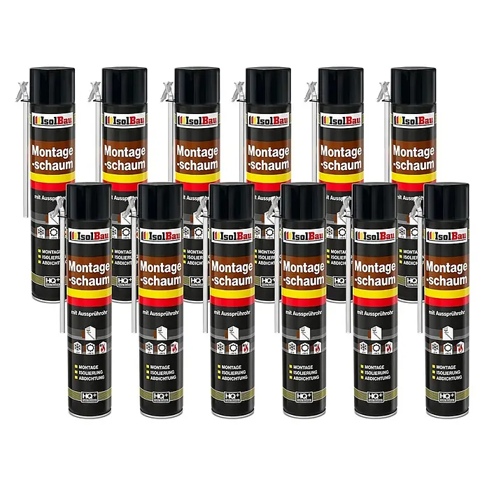 IsolBau Adapterschaum Montageschaum mit Aussprührohr 12 x 750 ml - 750 ml - 12 schwarze Dosen IsolBau Montageschaum mit roten, gelben und orangen Streifen und aufsteckbaren Sprührohren.